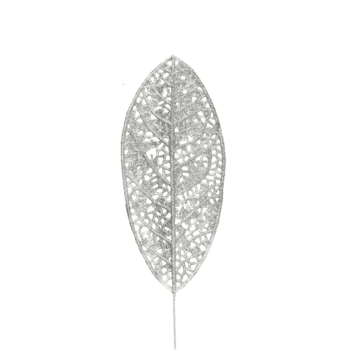 Vianočná dekorácia Kerst Bijsteker list Glitter strieborná 14 × 6 cm
