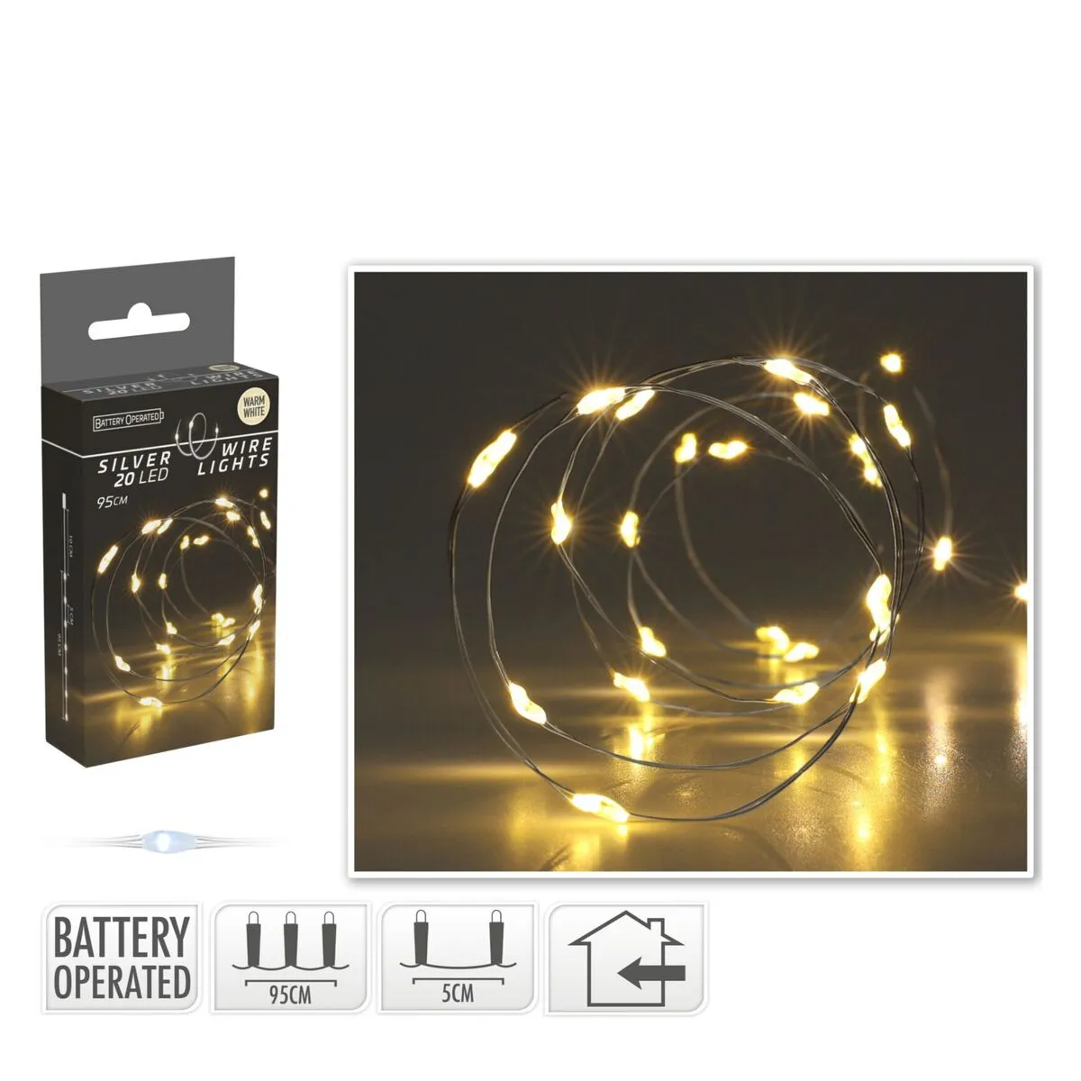 LED svetelná reťaz na drôte strieborná, bez batérií 95 cm, 20 LED