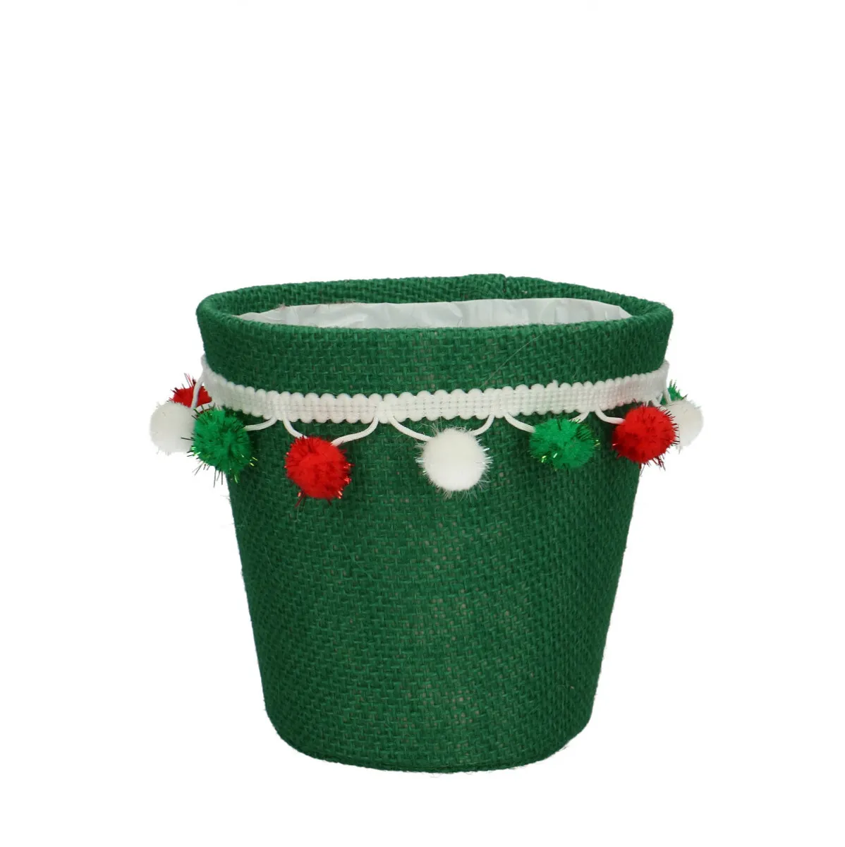 Vianočný obal na kvetináč s brmbolcom zelený ⌀ 13,5 × 13 cm