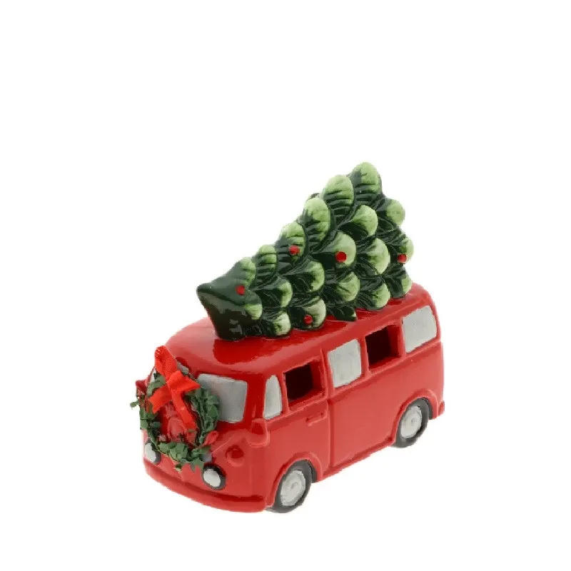 LED autobus s vianočným stromčekom červený 13,5 × 6,5 × 11,5 cm