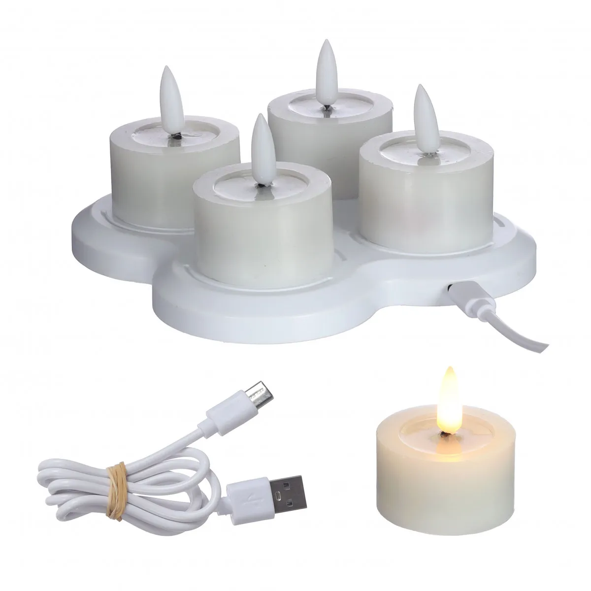 Sviečka LED tealights USBc biela ⌀ 4,5 × 2,5 cm, sada 4 ks