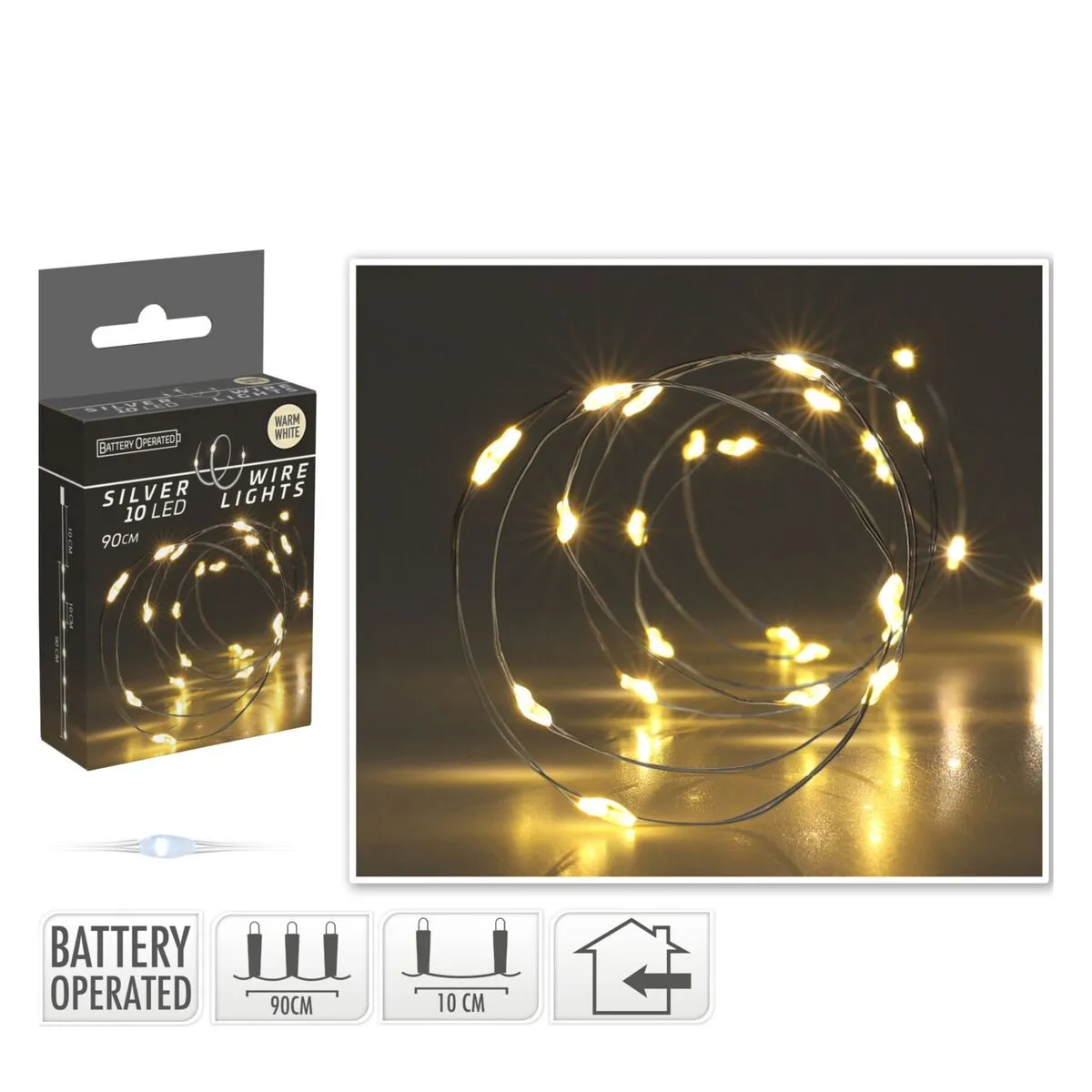 LED svetelná reťaz na drôte s batériami strieborná 90 cm, 10 LED