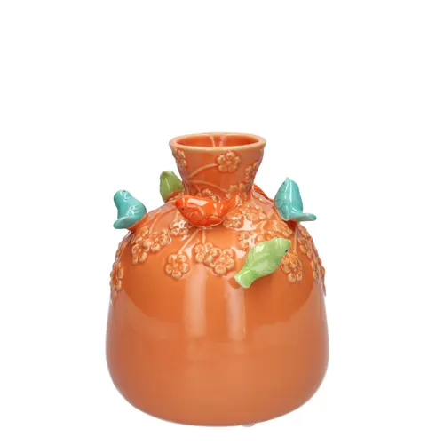Keramická fľašková váza s vtáčikmi oranžová ⌀ 5 až 14 × 16 cm