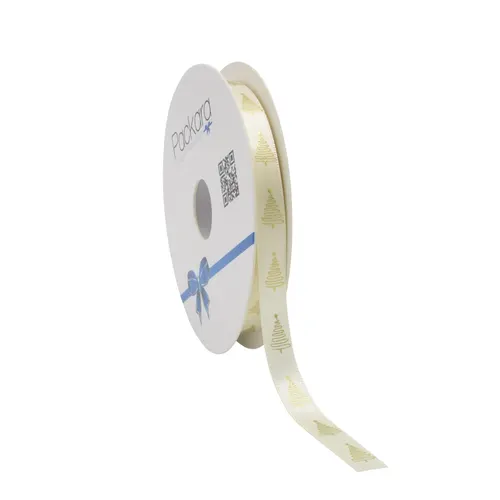 Vianočná dekorácia stuha satin stromček krémová návin 20 m, 10 mm