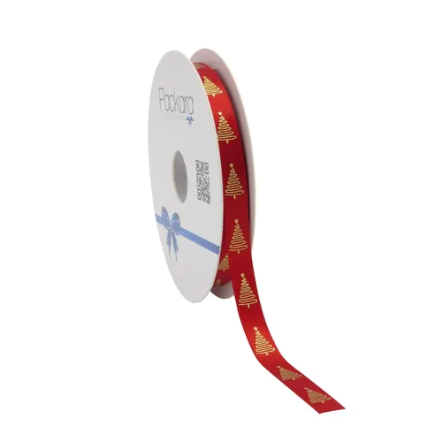Vianočná dekorácia stuha satin stromček červená návin 20 m, 10 mm
