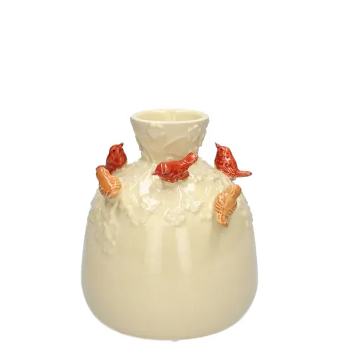 Keramická fľašková váza s vtáčikmi krémová ⌀ 5 až 14 × 16 cm